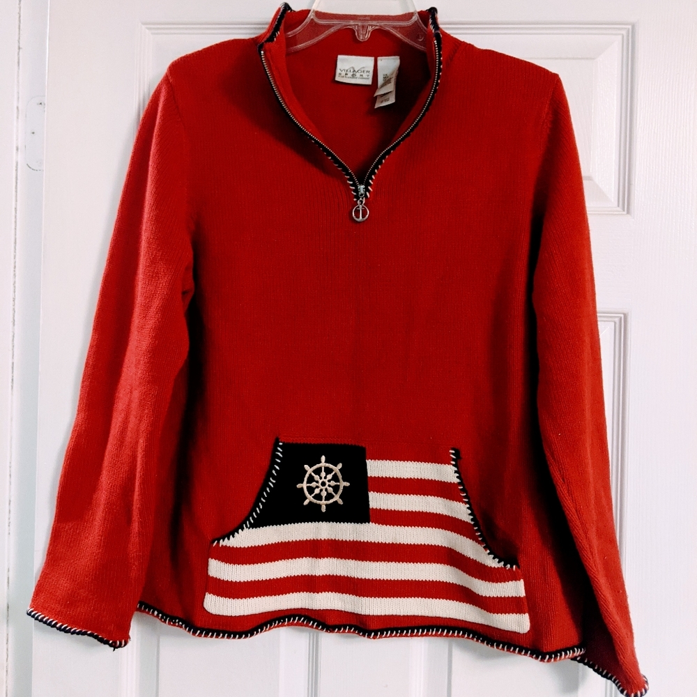 Villager Sport Red Nautical Ship Wheel Sweater with Quarter Zip and Front Pocket